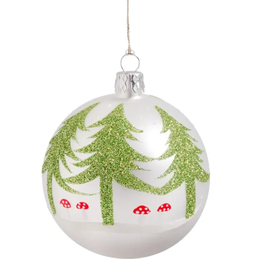 Glaskugel Weis Mit Baumen Und Pilz, 8 Cm